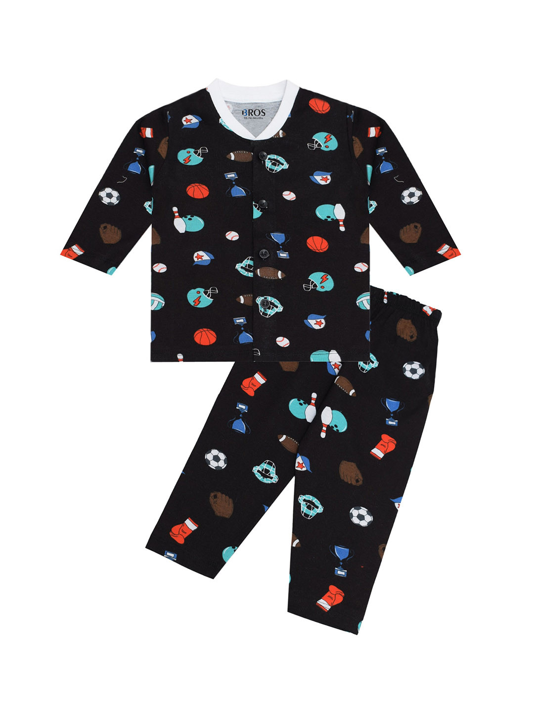 

3BROS Girls Printed Pure Cotton Night suit, Black