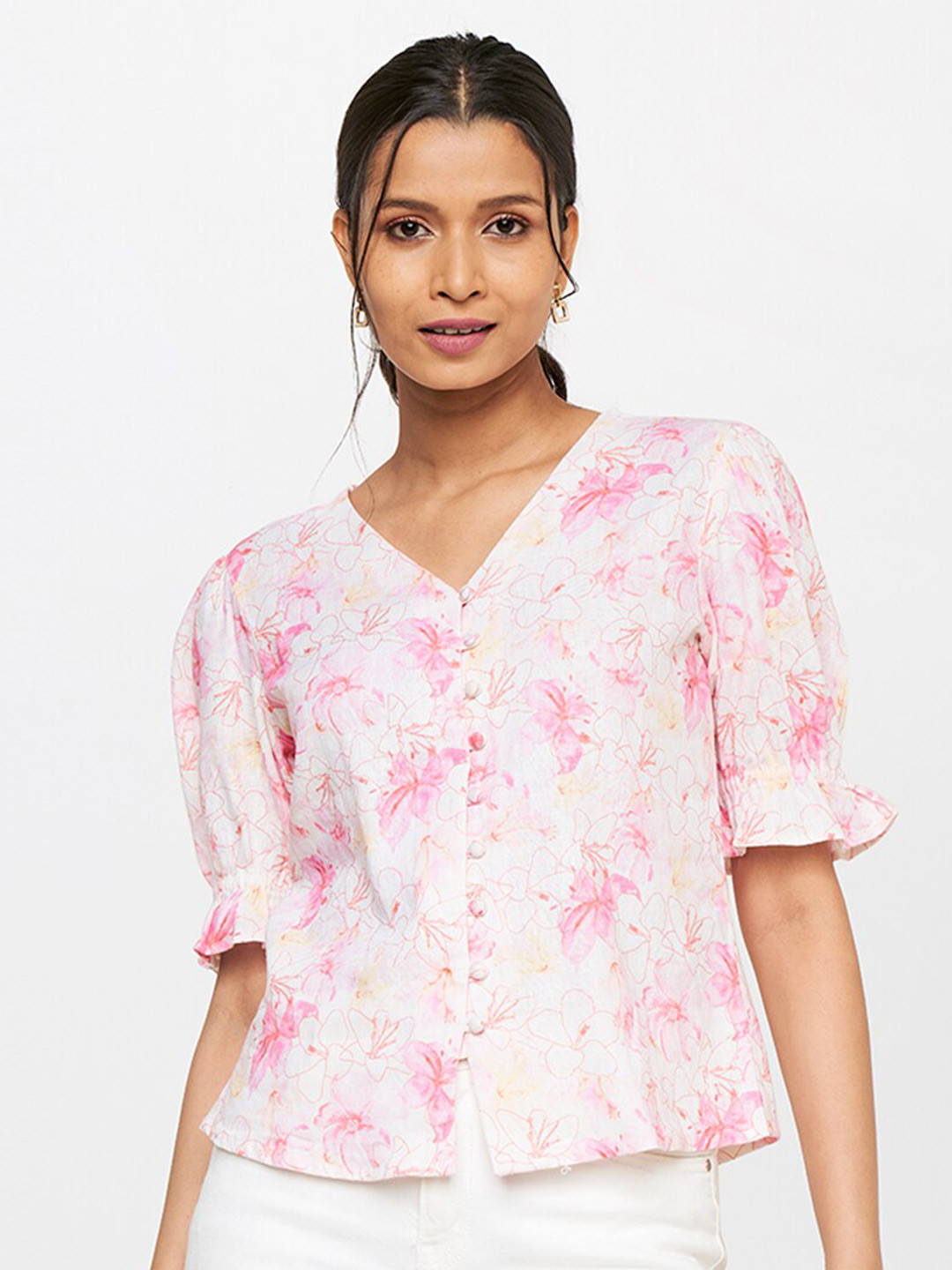 

AND Floral Printed Linen Top, White