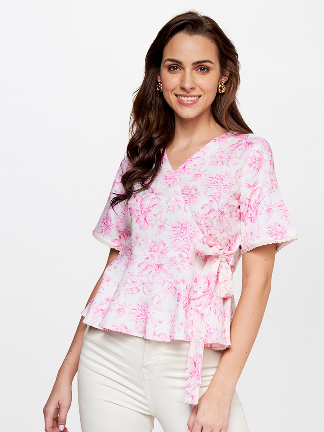 

AND Floral Printed Linen Wrap Top, Cream