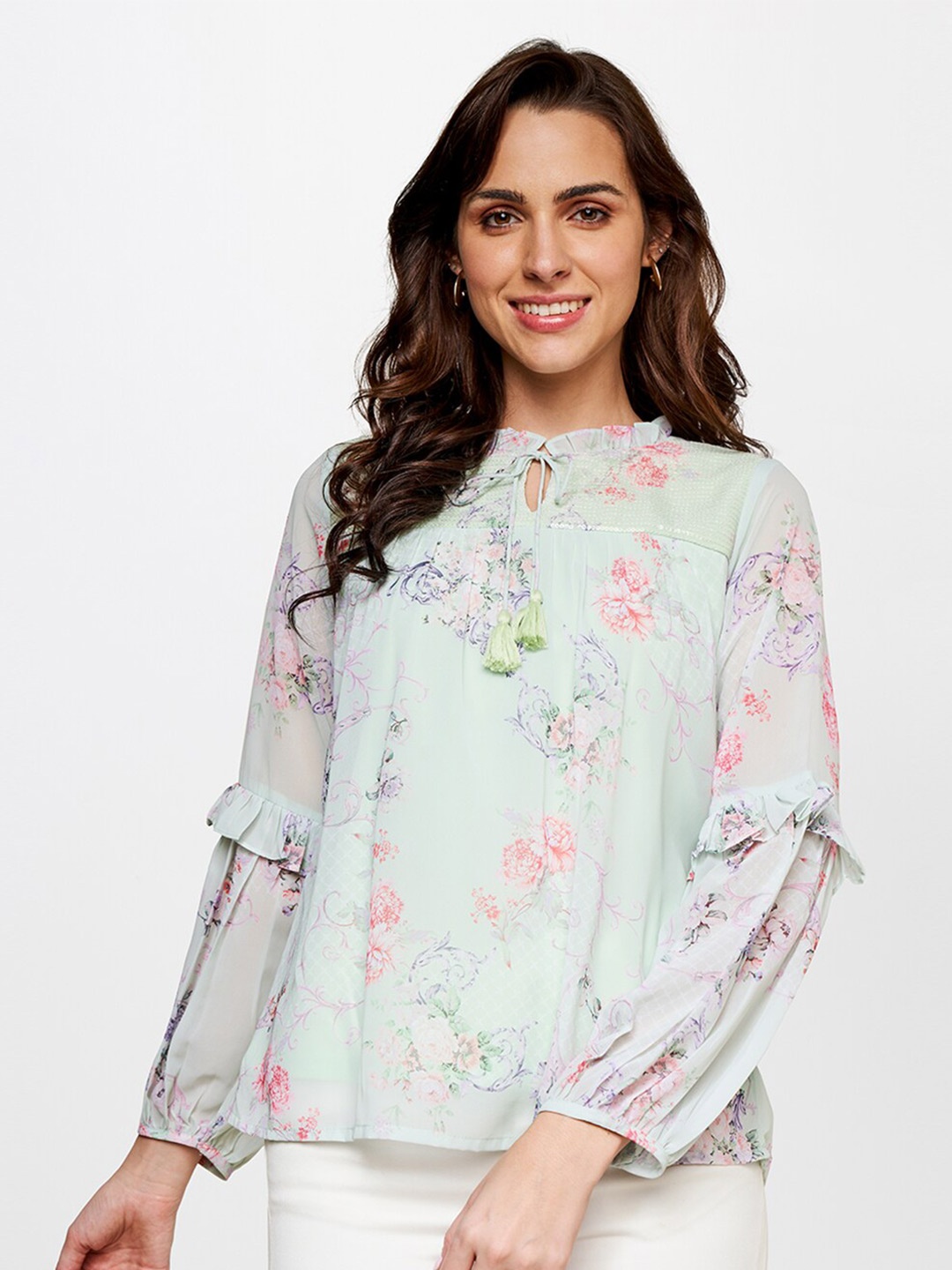 

AND Puff Sleeve Floral Printed Top, Green