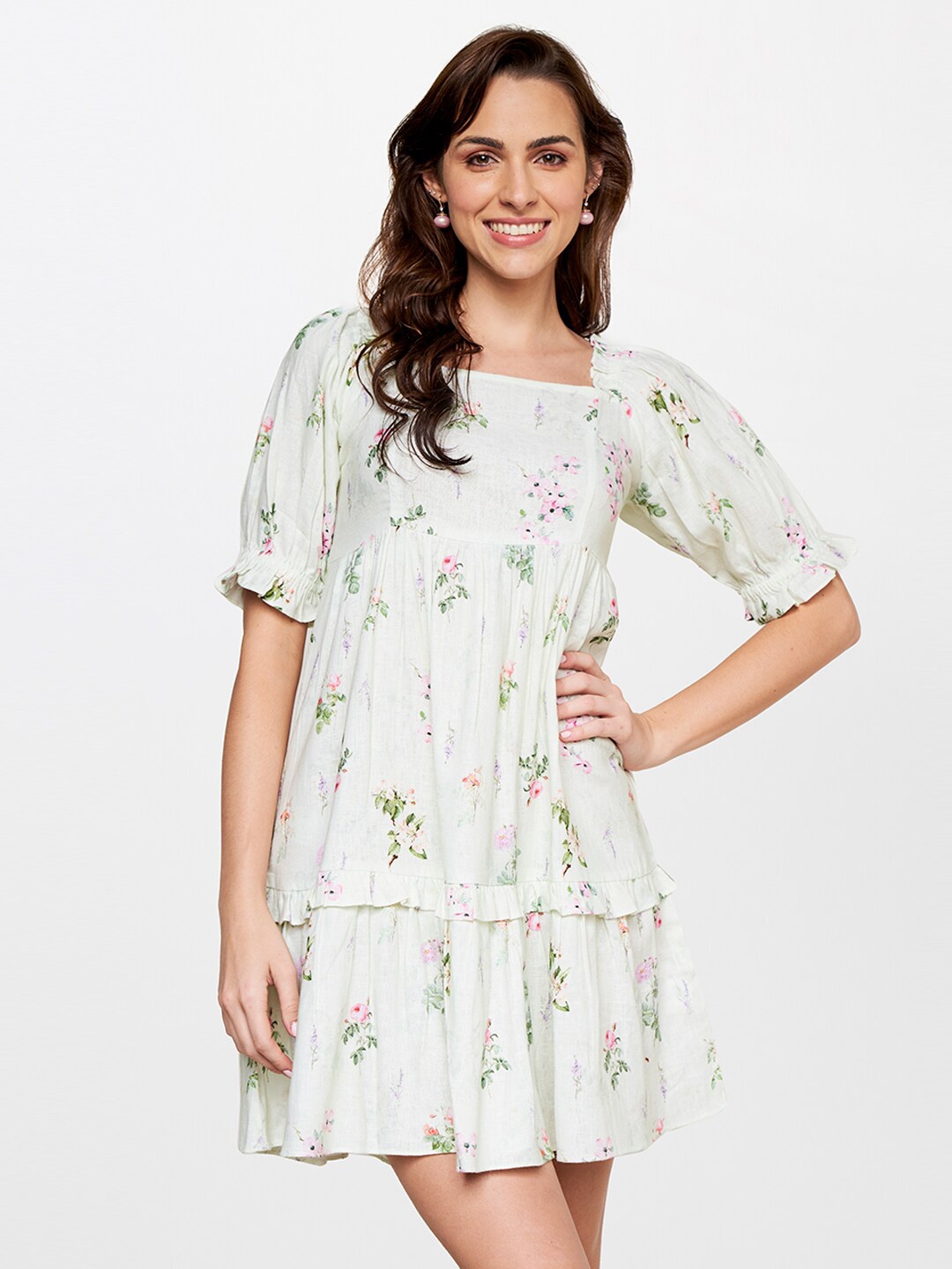 

AND Green Floral Linen A-Line Dress
