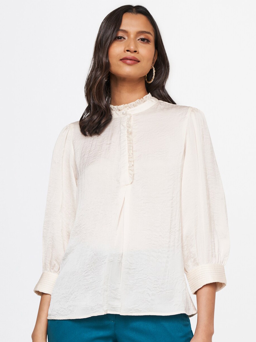 

AND Mandarin Collar Shirt Style Top, Cream