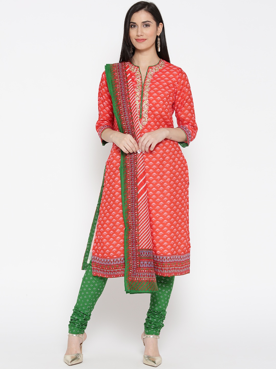 

Biba Women Coral Red & Green Printed Kurta with Churidar & Dupatta
