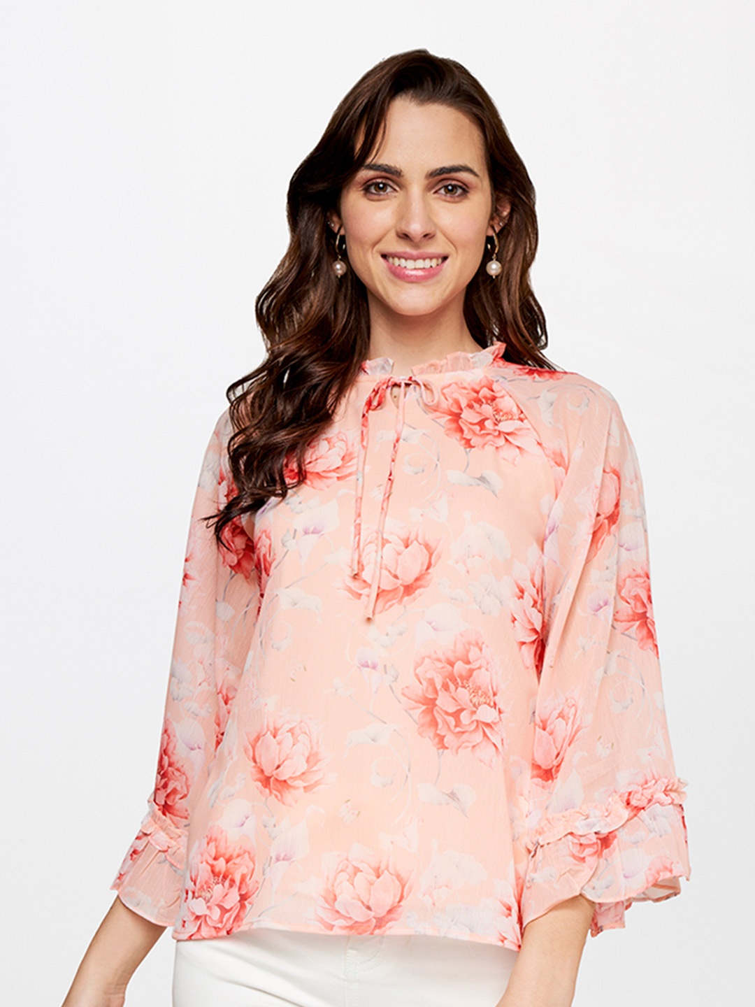 

AND Floral Print Keyhole Neck Top, Peach