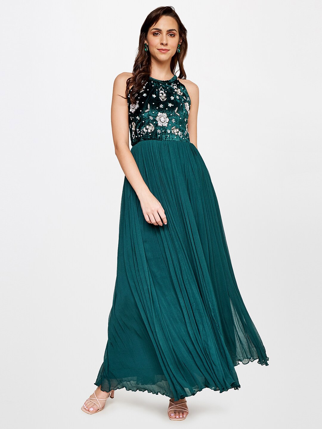 

AND Floral Embroidered Maxi Dress, Green