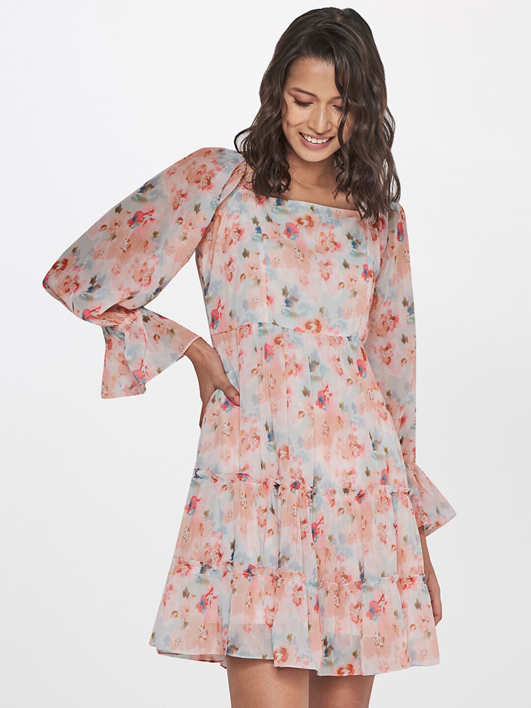 

AND Floral Smocked Tiered Fit and Flare Dress, Peach