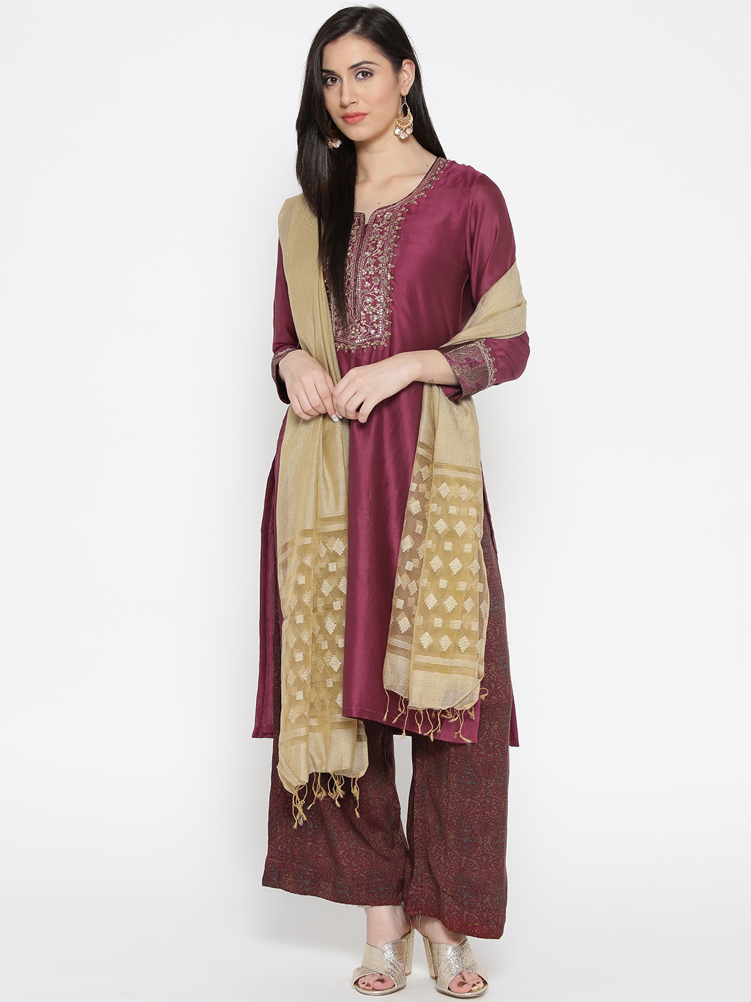 

Biba Women Magenta Embellished Straight Kurta with Palazzos & Dupatta