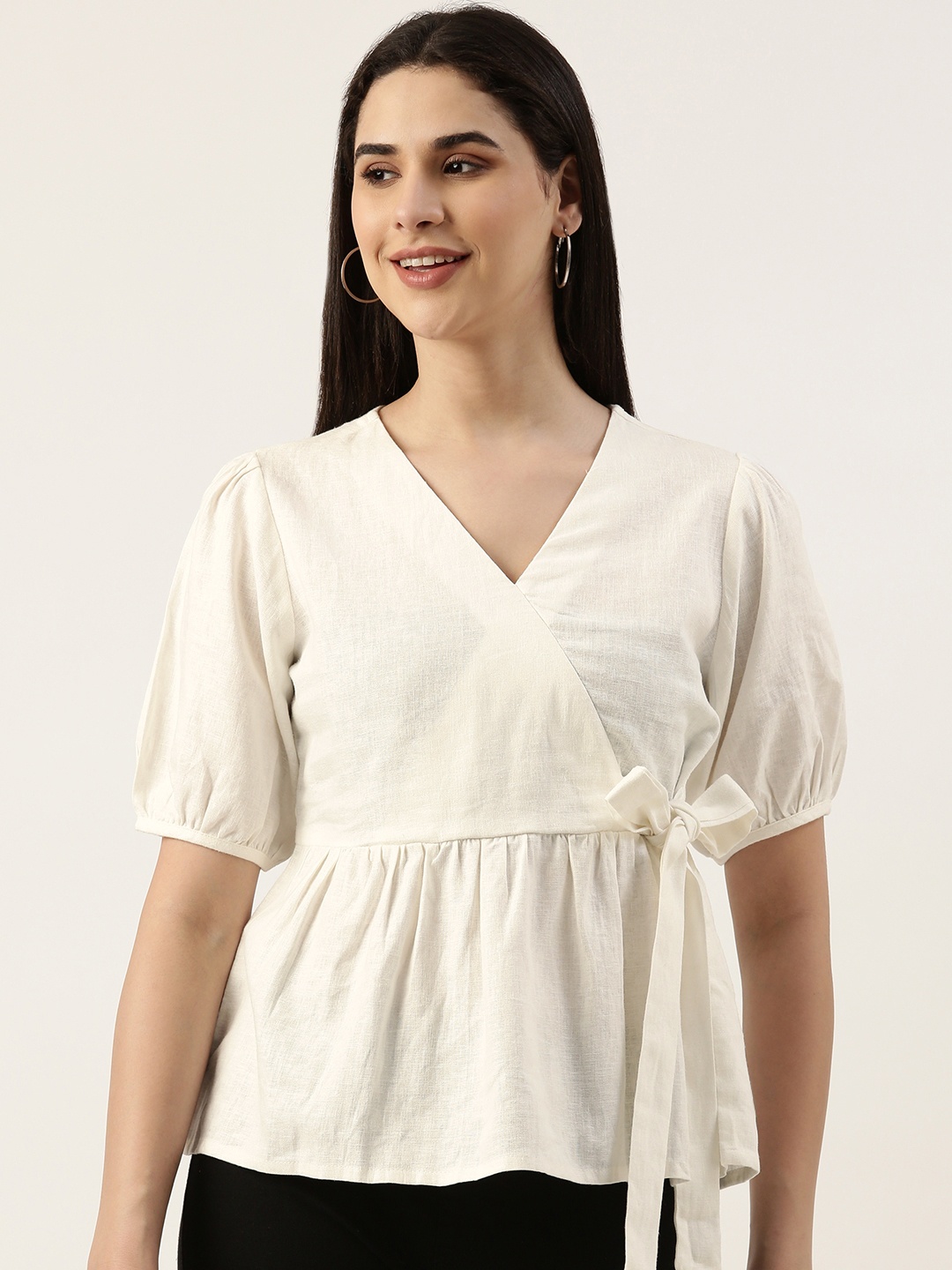 

AND Solid V-Neck Puff Sleeves Tie-Ups Linen Blend Wrap Top, White