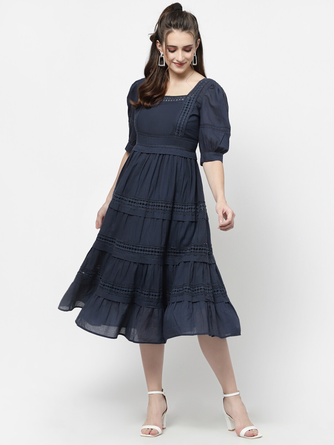 

TERQUOIS Tiered Cotton Midi Dress, Navy blue