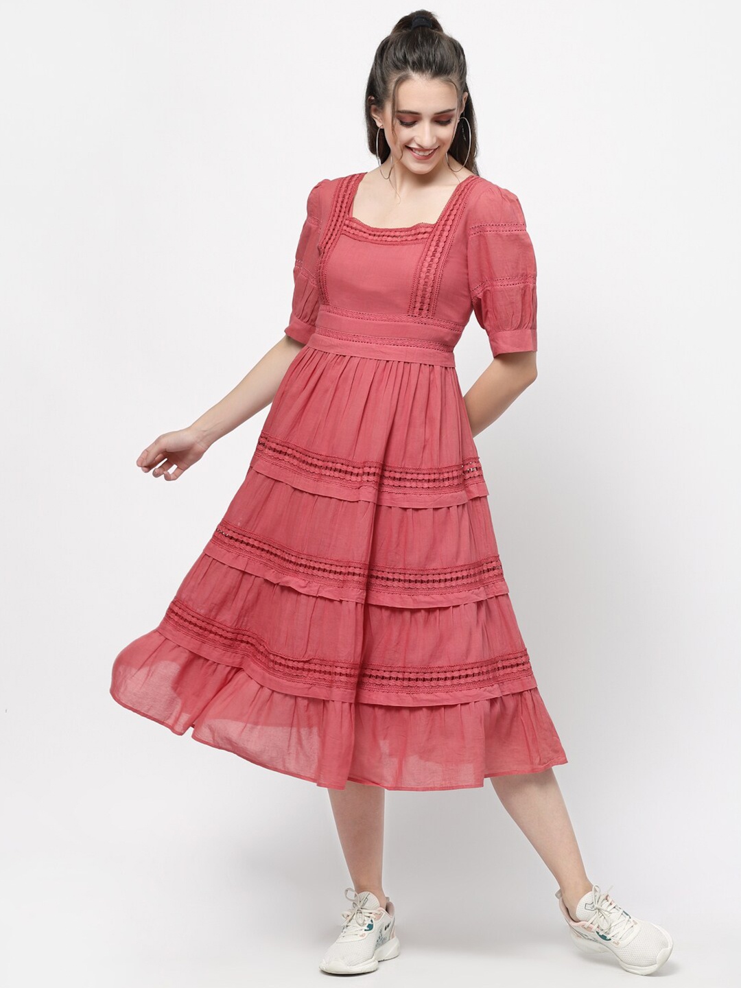 

TERQUOIS A-Line Midi Cotton Dress, Pink
