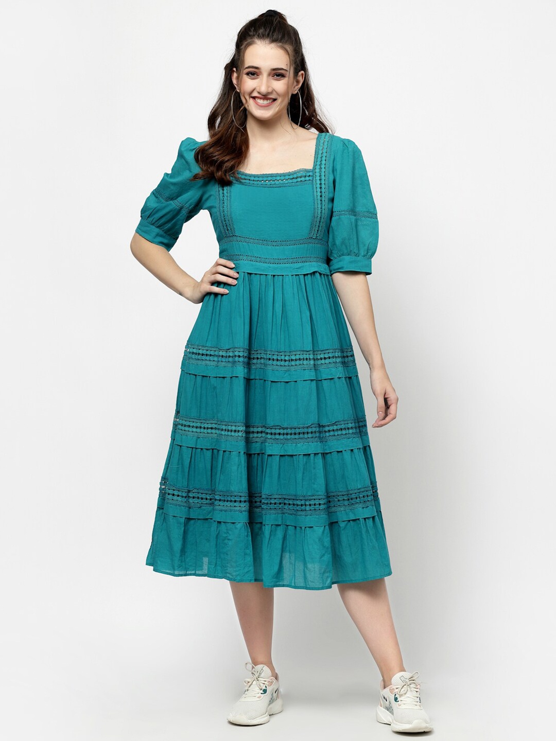 

TERQUOIS Cotton A-Line Midi Dress, Green