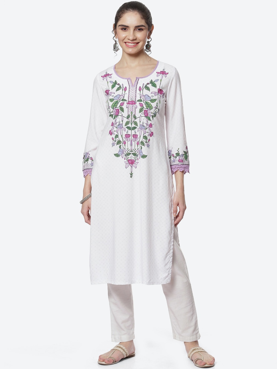 

Rangriti Women Floral Printed Kurta, White