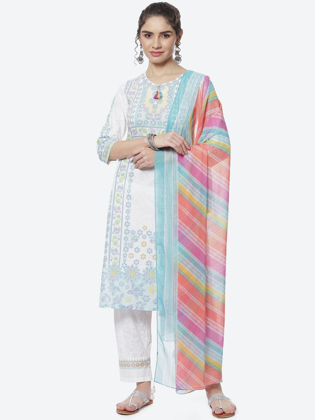 

Rangriti Ethnic Motifs Printed Kurta with Trousers & With Dupatta, White