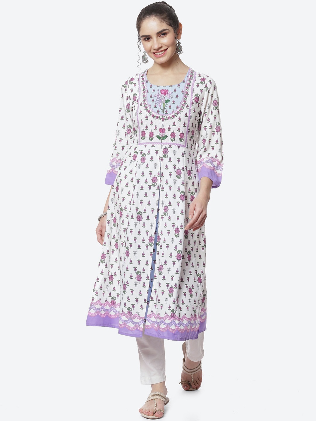 

Rangriti Women Floral Printed Floral A-Line Kurta, White