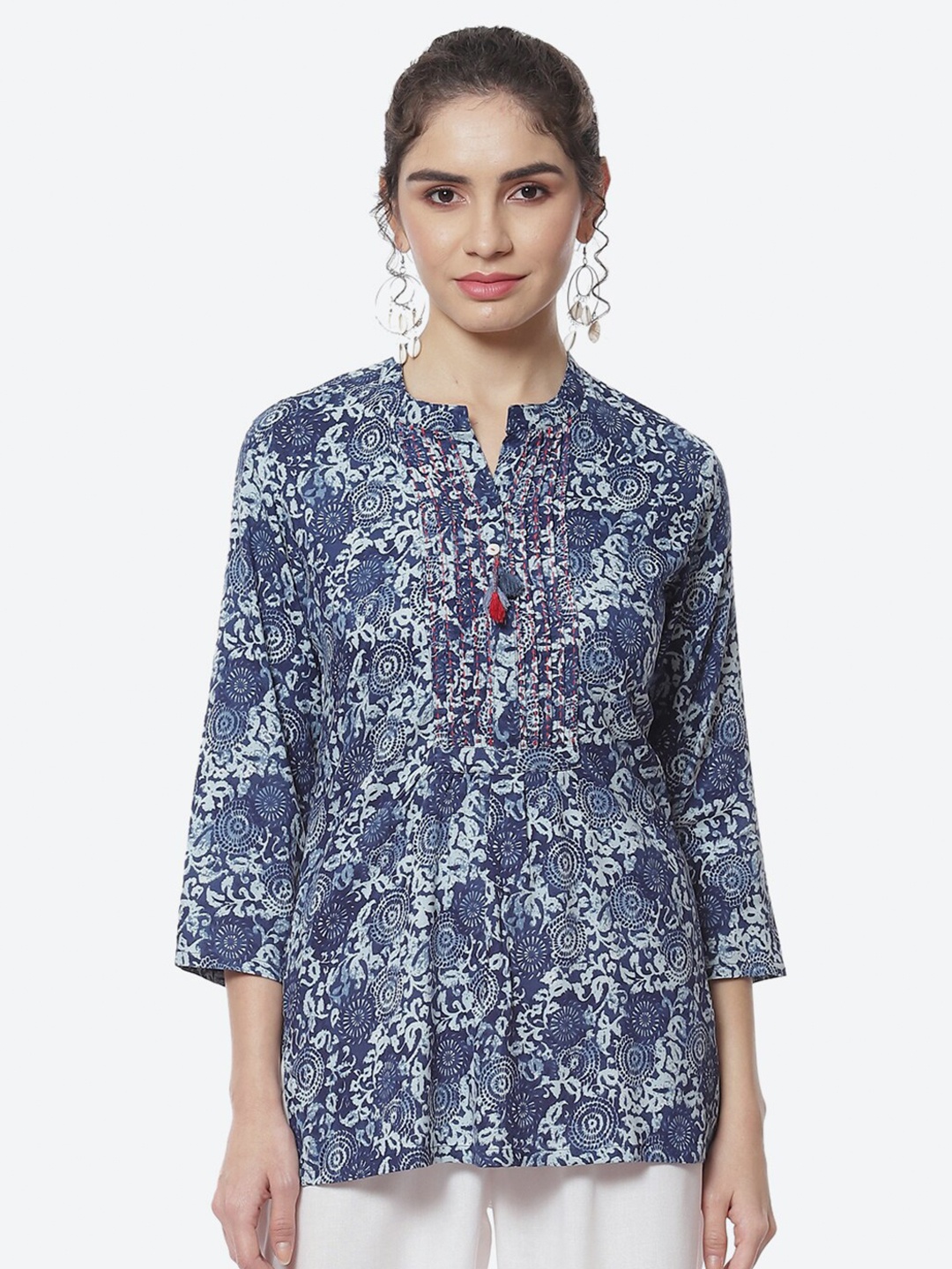 

Rangriti Printed Mandarin Collar Cotton Top, Blue