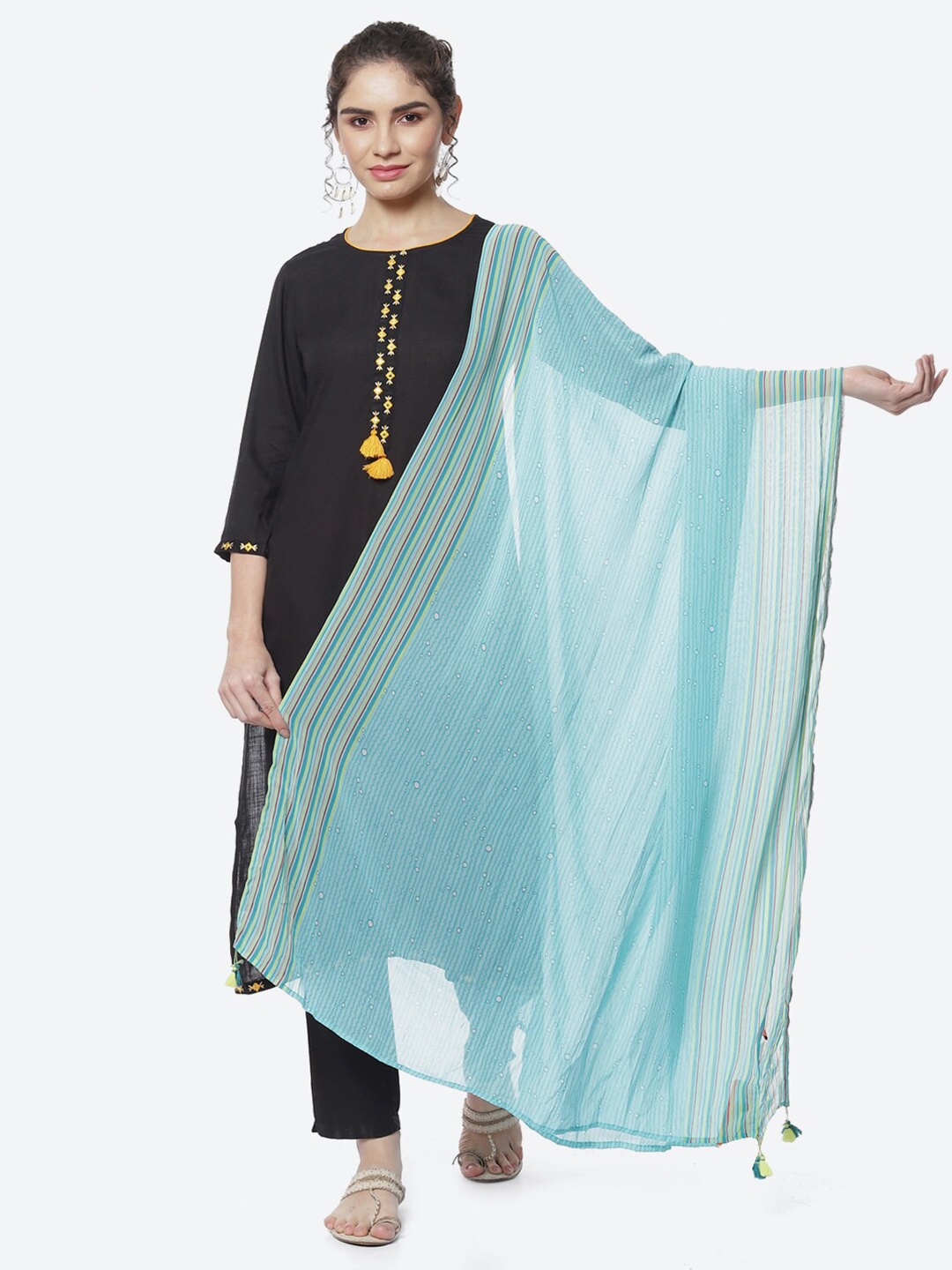 

Rangriti Striped Tasselled Dupatta, Turquoise blue