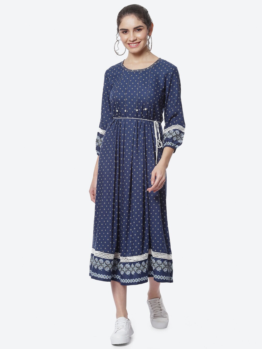 

Rangriti Women Ethnic Motifs Printed Midi Dress, Blue