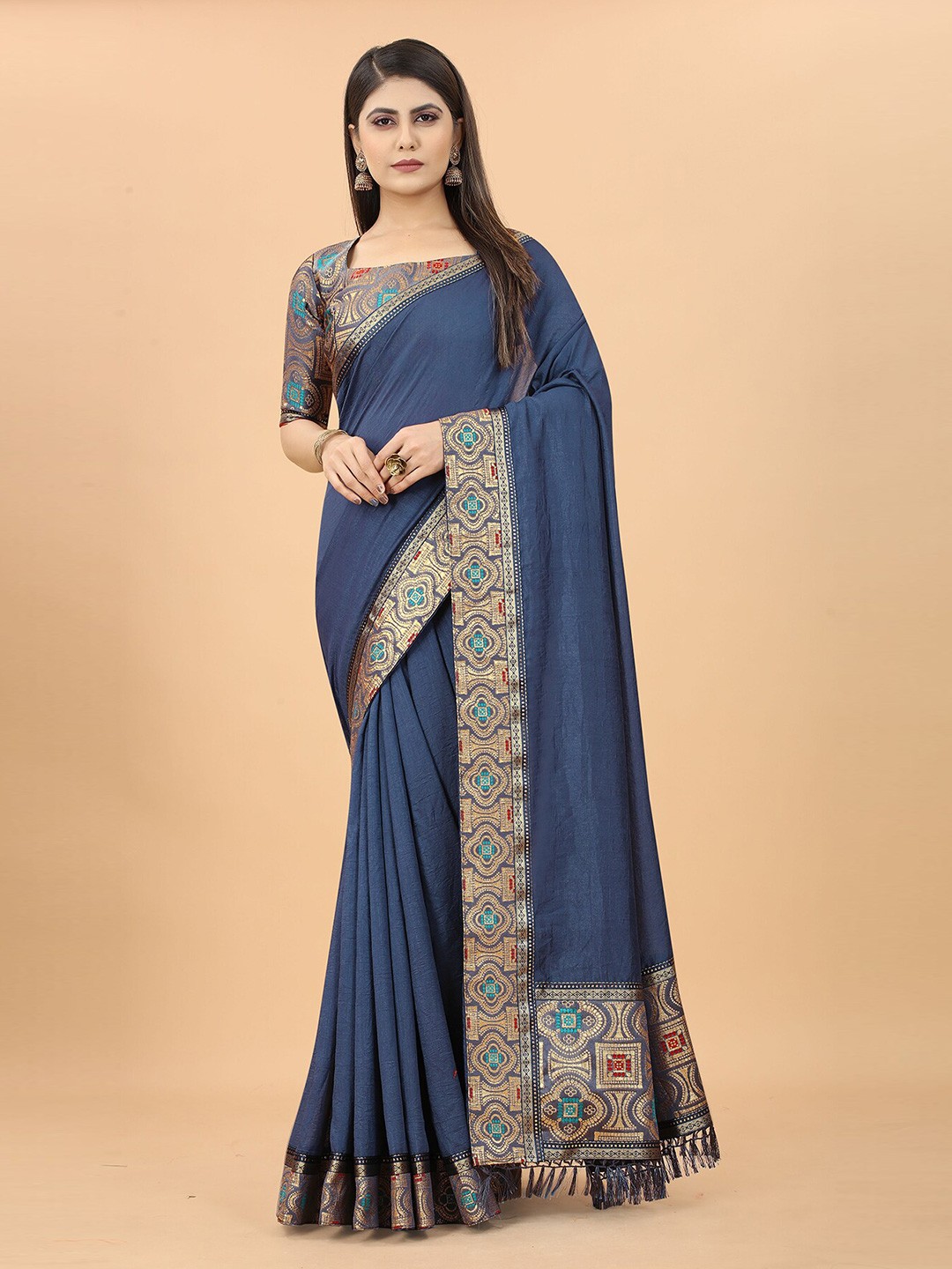

Anjaneya Sarees Zari Festive Silk Blend Saree, Blue