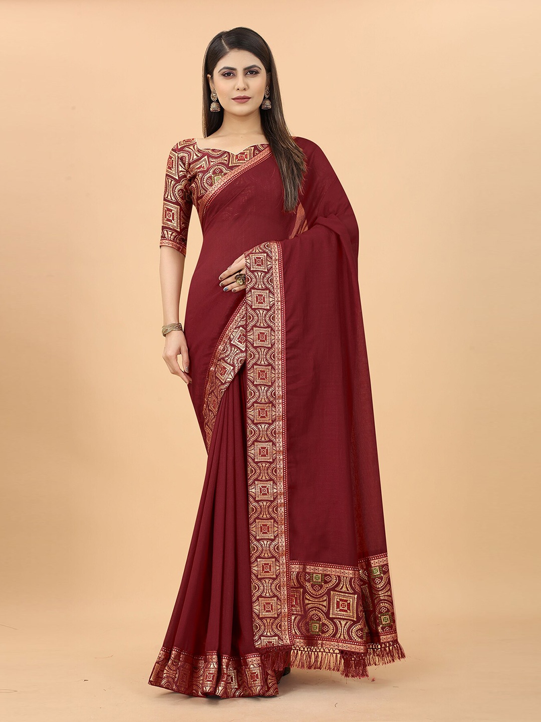 

Anjaneya Sarees Festive Silk Blend Saree, Maroon