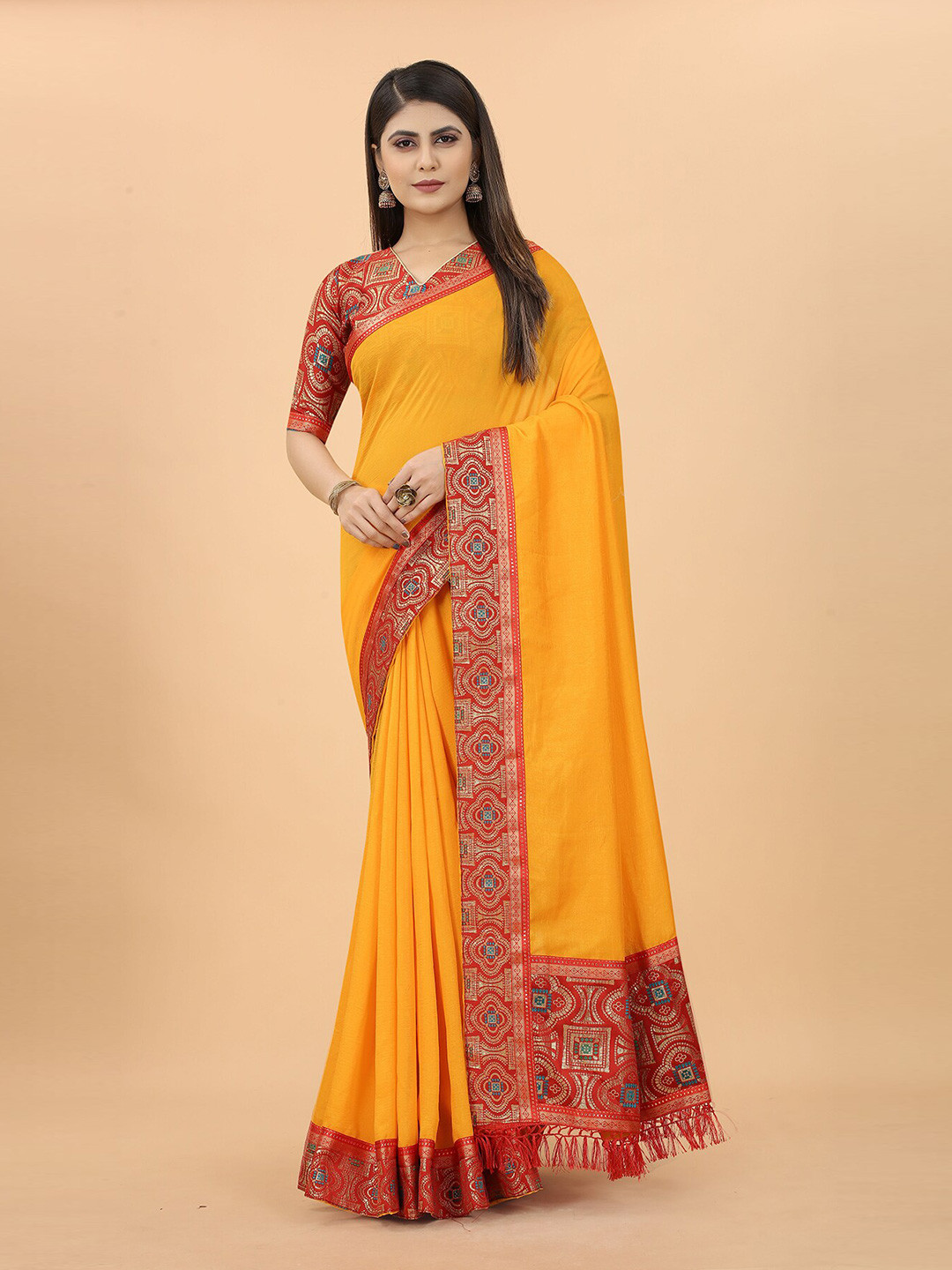 

Anjaneya Sarees Woven Design Zari Festive Saree, Yellow