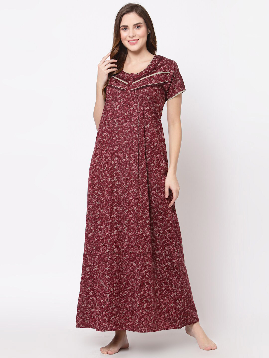 

Sweet Dreams Maroon Printed Pure Cotton Maxi Nightdress