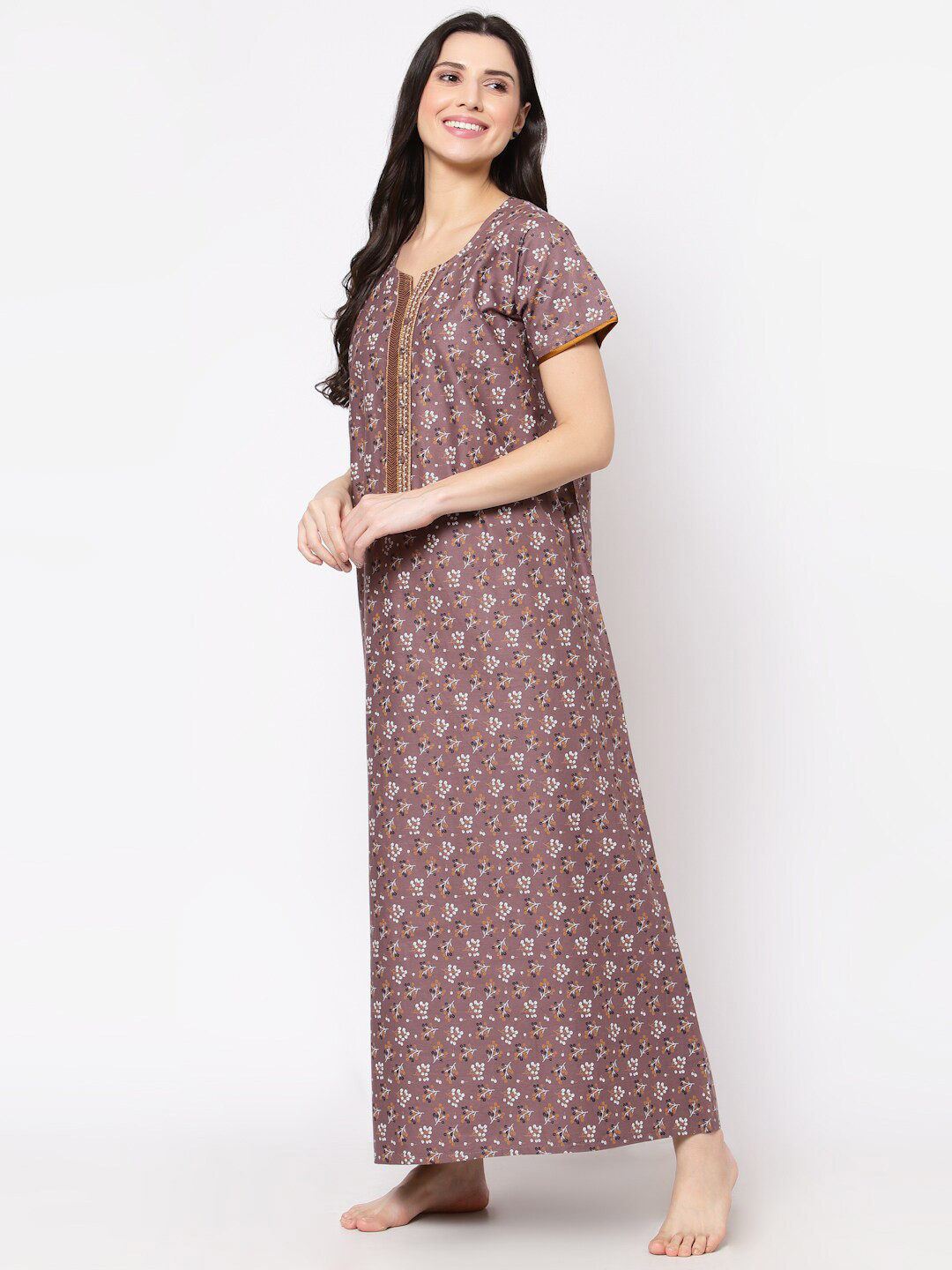 

Sweet Dreams Mauve Printed Natch Collar Pure Cotton Maxi Nightdress