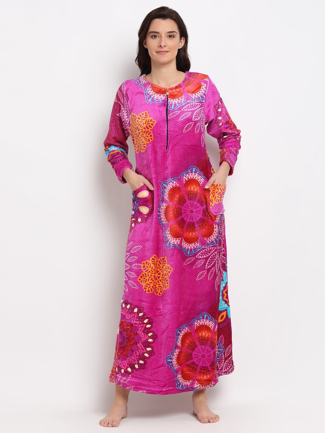 

Jinfo Pink Printed Woolean Maxi Nightdress