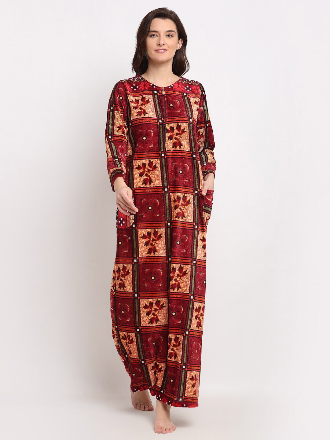 

Jinfo Maroon Printed Woolean Maxi Nightdress