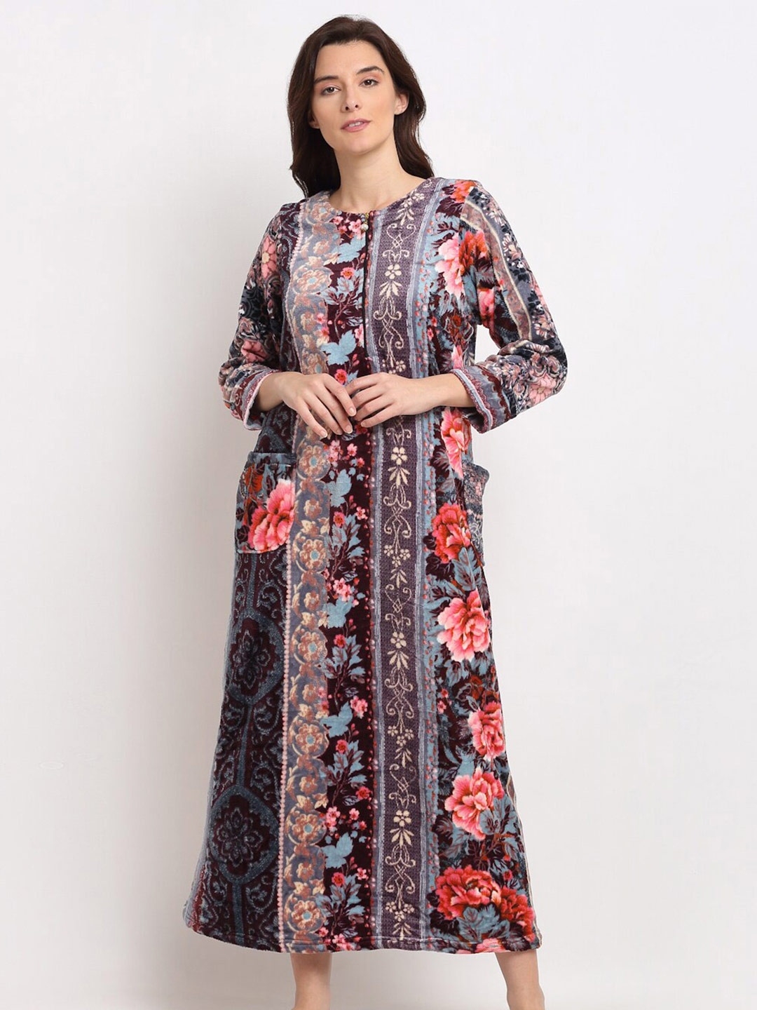 

Jinfo Brown Printed Woolean Maxi Nightdress