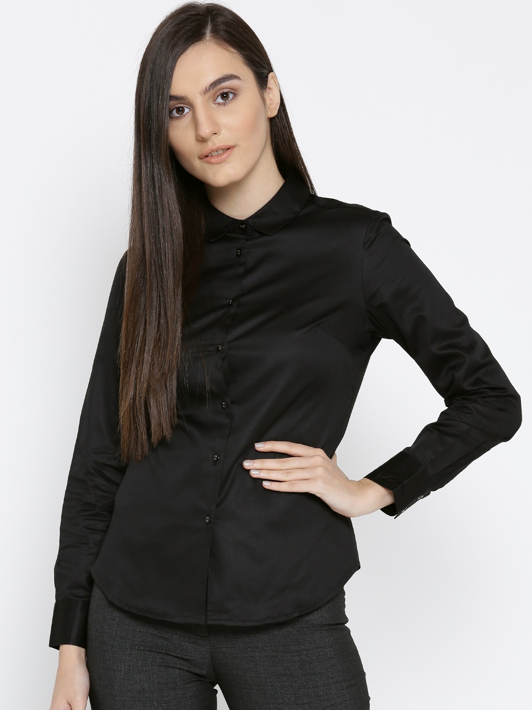 

Wills Lifestyle Women Black Solid Formal Shirt
