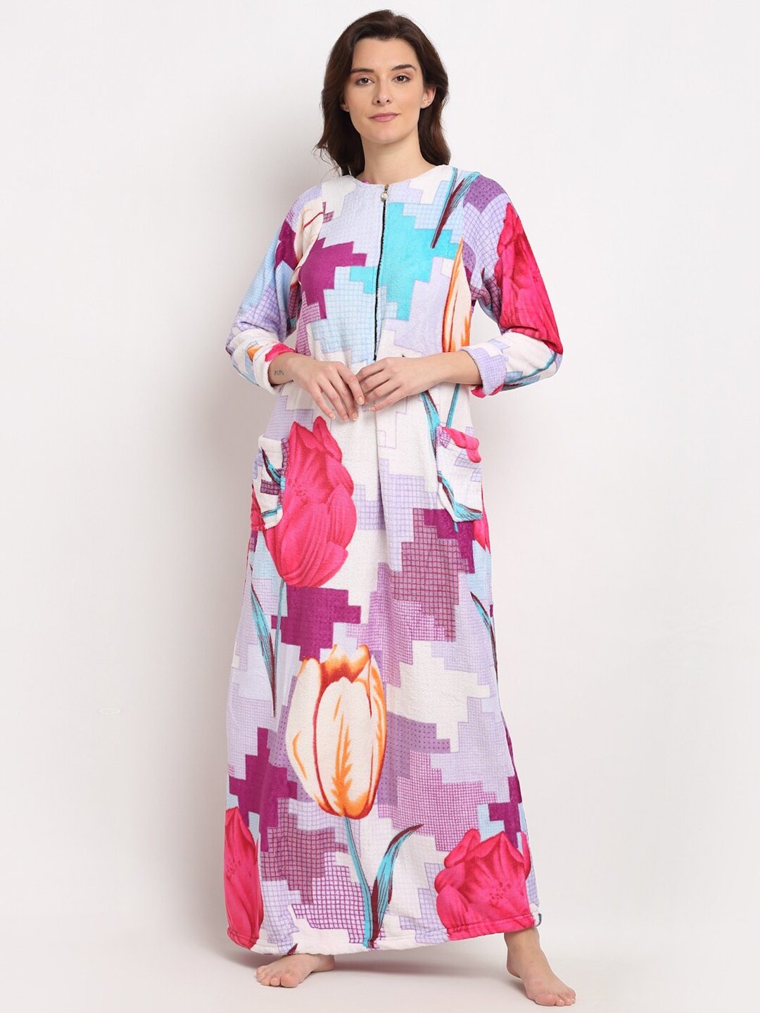 

Jinfo Women Floral Printed Fleece Maxi Nightdress, White
