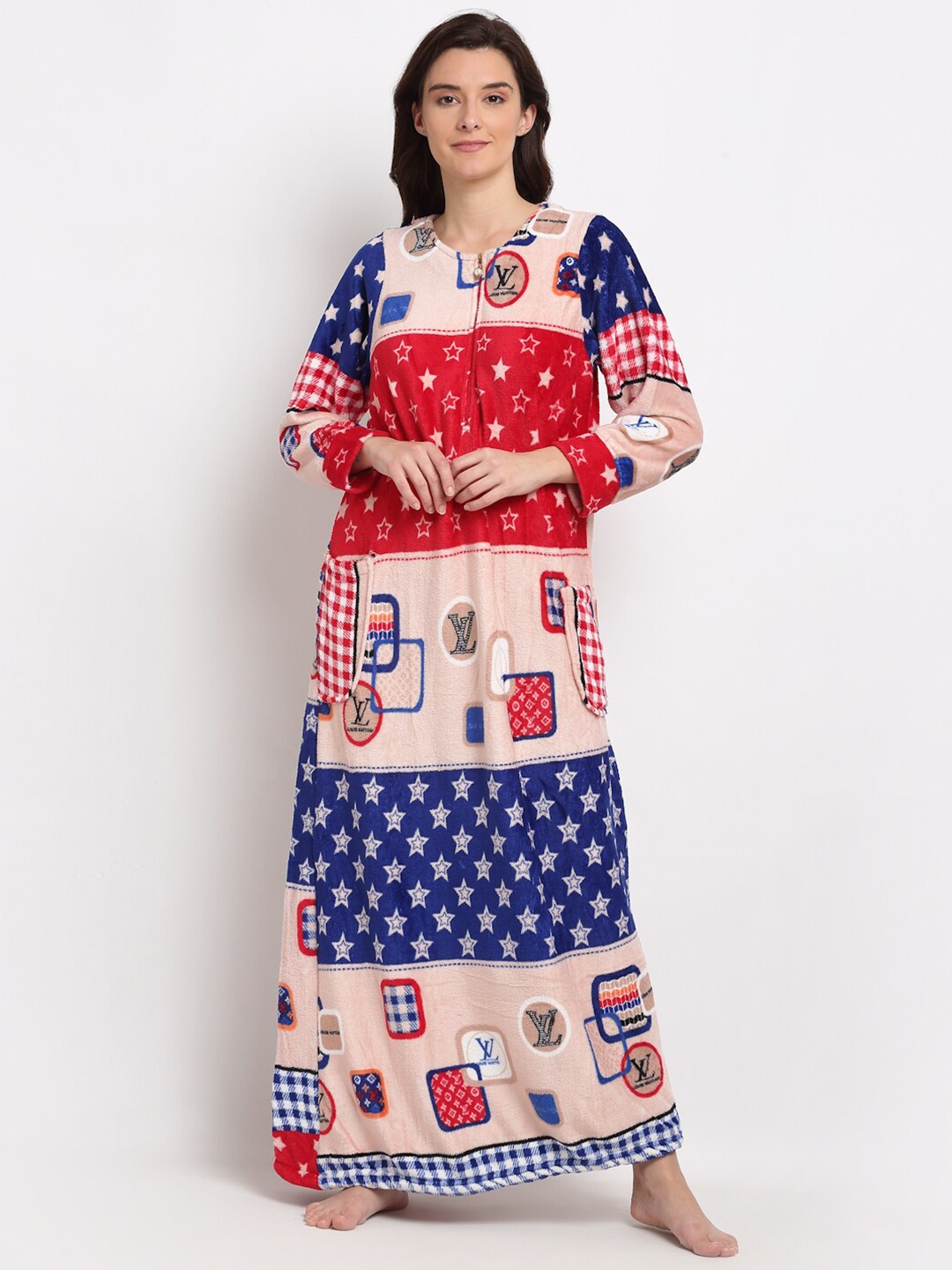 

Jinfo Women Geometric Printed Fleece Maxi Nightdress, Red