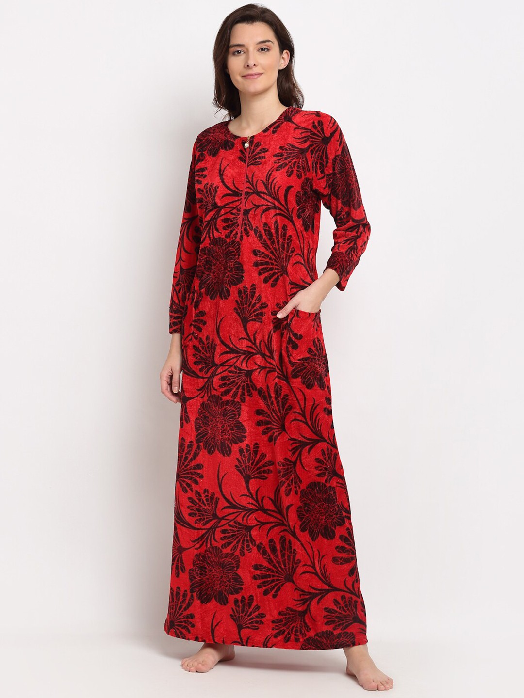 

Jinfo Women Floral Printed Fleece Maxi Nightdress, Red