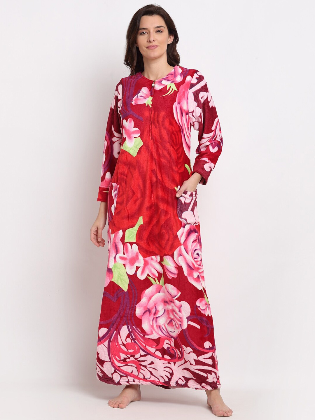 Jinfo Women Floral Printed Fleece Maxi Nightdress, Red