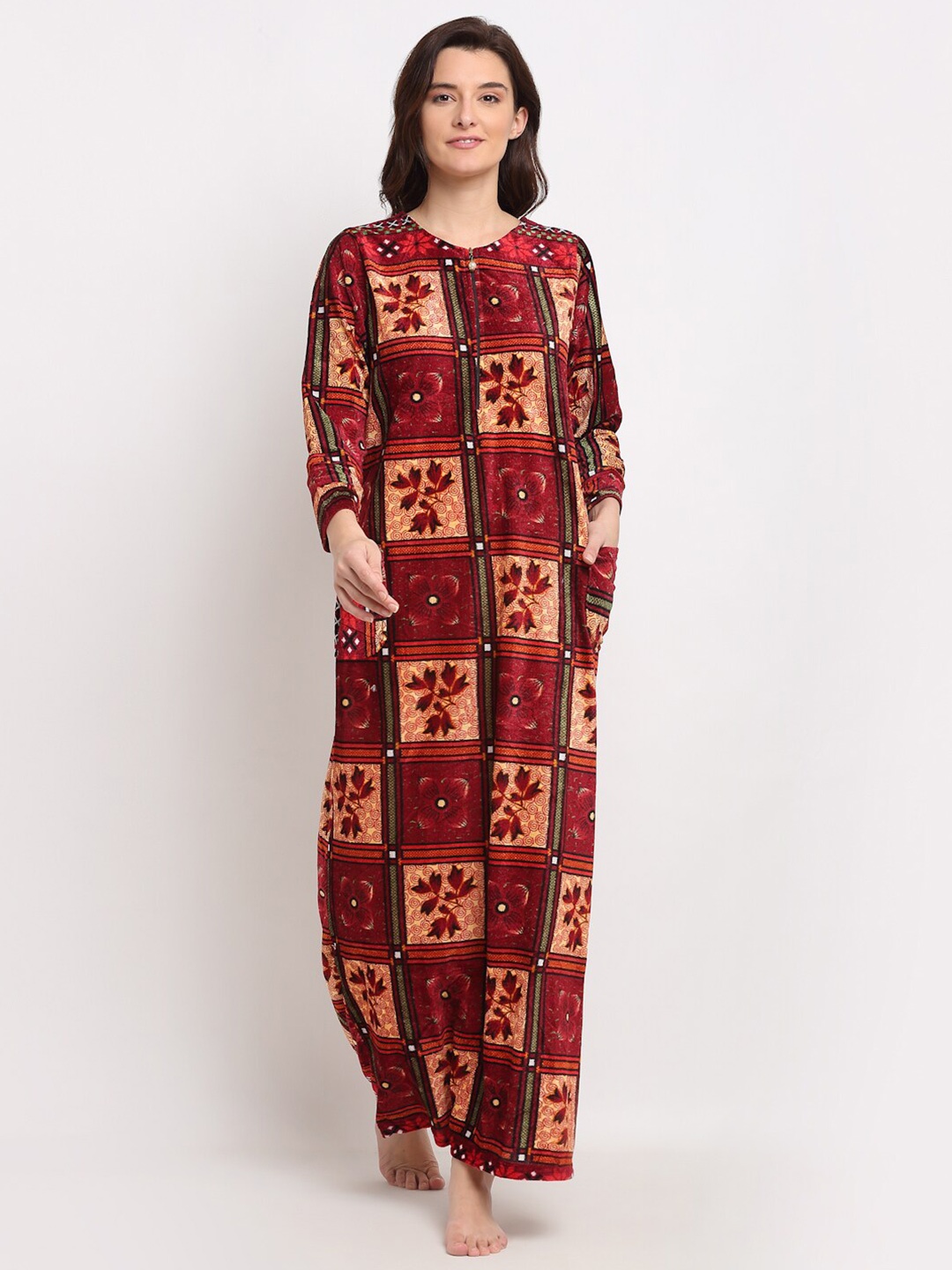 

Jinfo Women Floral Printed Fleece Maxi Nightdress, Brown