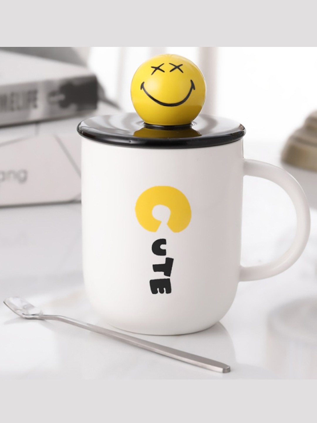 

BonZeaL White & Black 3D Ceramic Cute Emoji Coffee Mug with Lid Spoon Set 400 ml