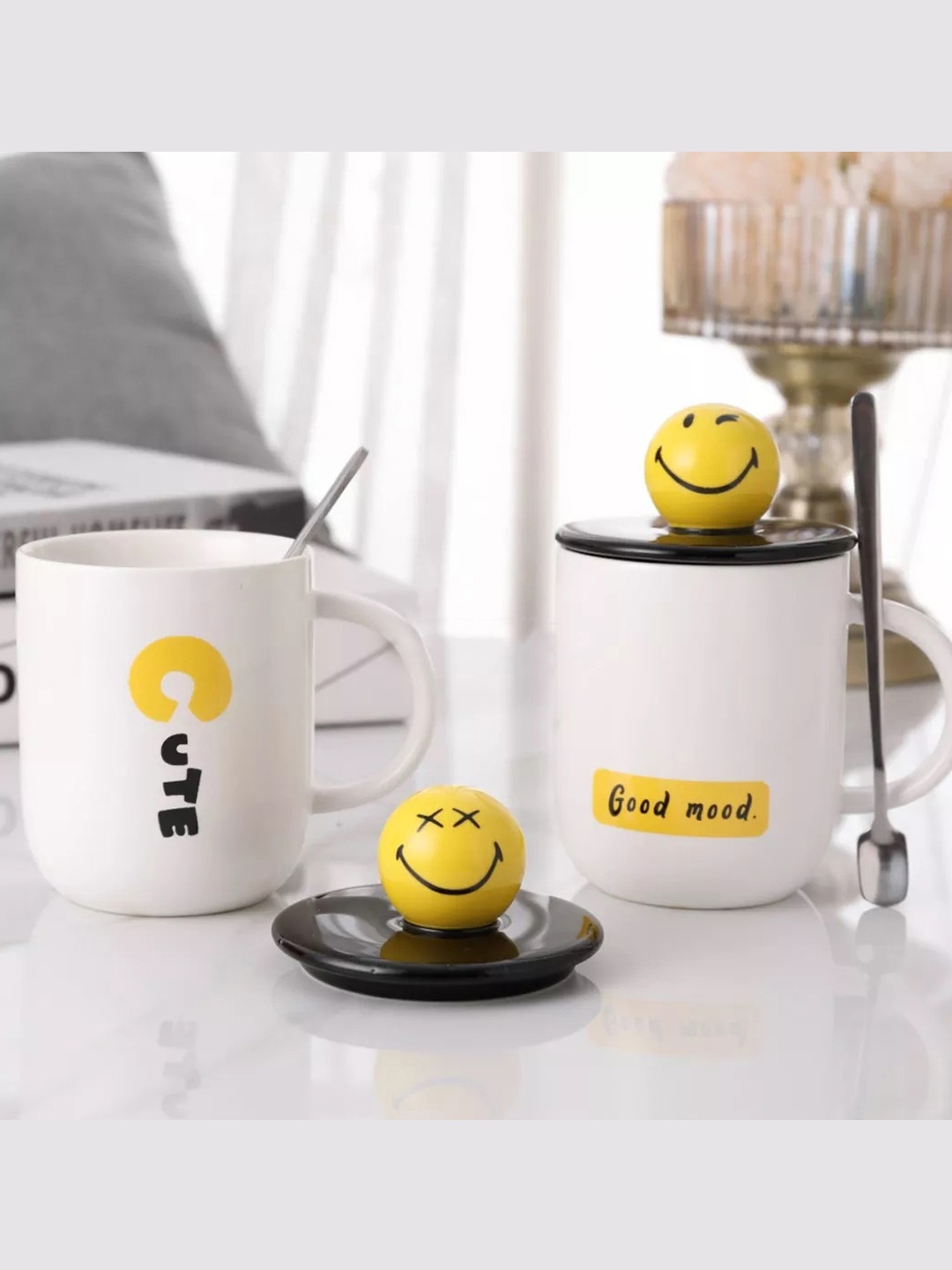 

BonZeaL White & Yellow Set of 2 3D Printed Ceramic Mugs with Lid Spoons Set 400 ml