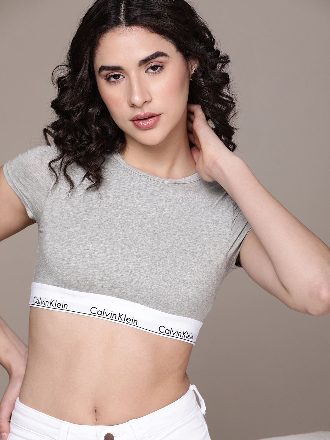 

Calvin Klein Underwear Round Neck Short Sleeves Bralette Crop Top, Grey