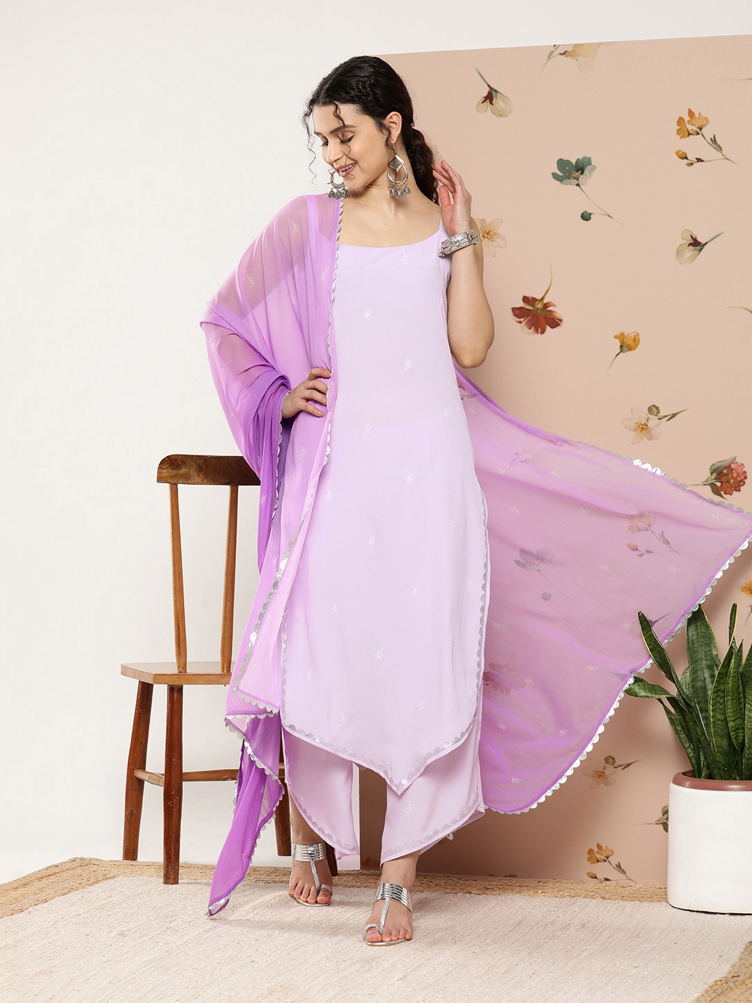 

Ahalyaa Women Lavender Gotta Patti Kurta with Palazzos & With Dupatta