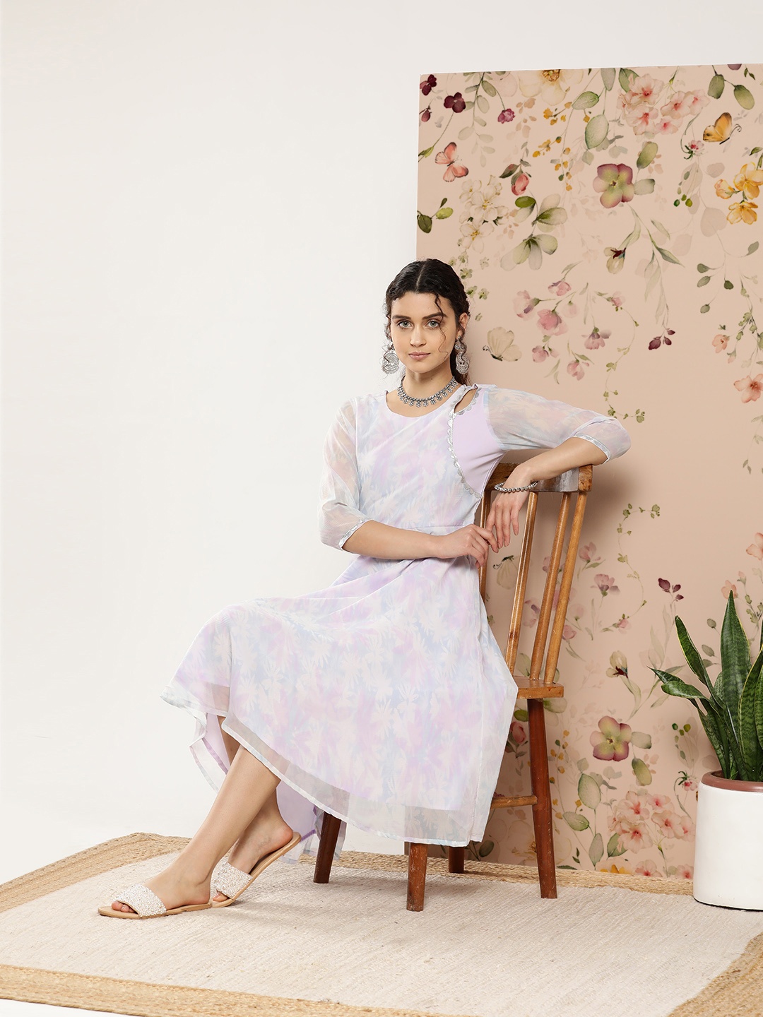 

Ahalyaa Women Floral Printed Empire Midi Ethnic Dress, Lavender