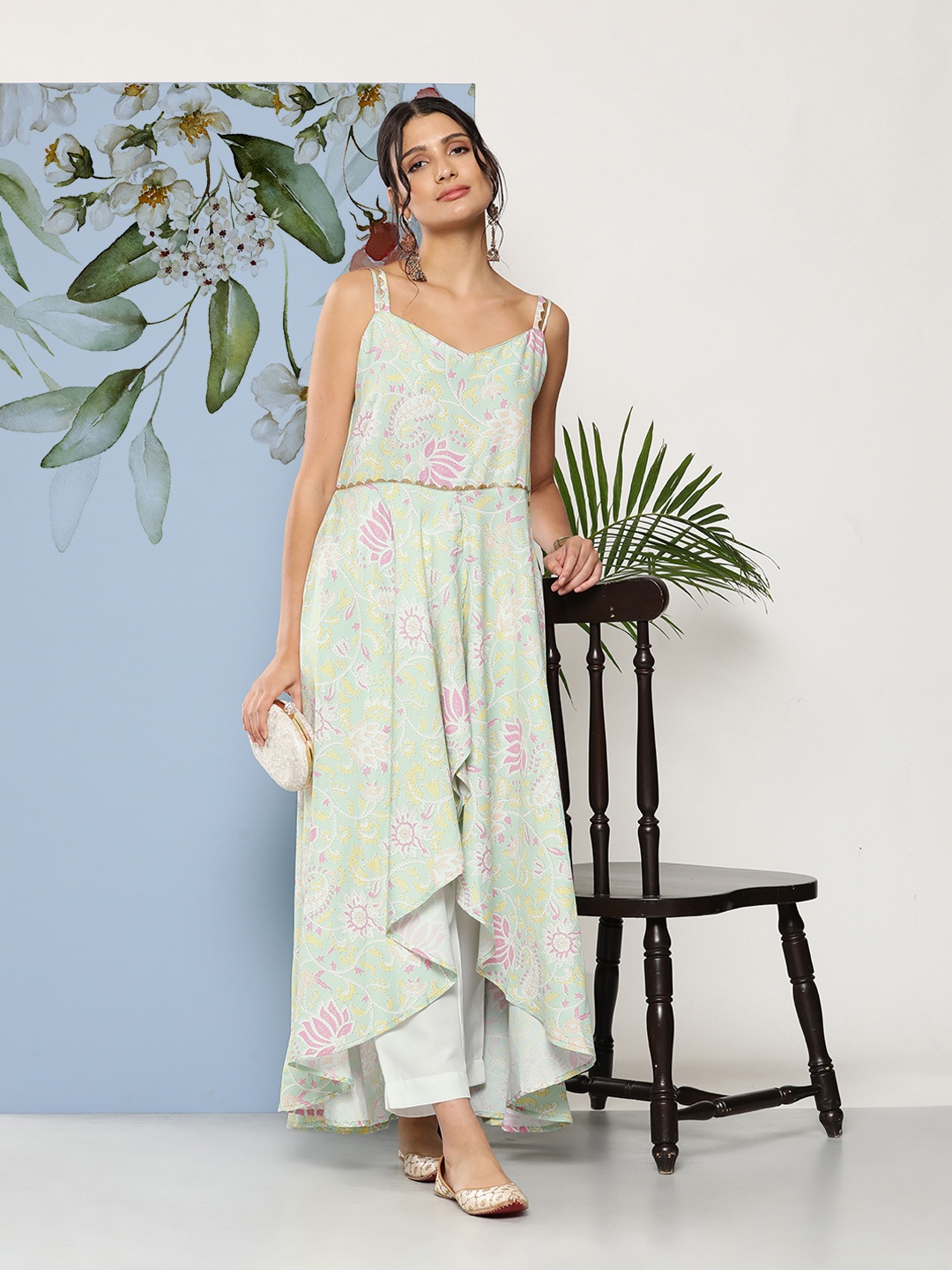 

Ahalyaa Women Sea Green Floral Printed Empire Gotta Patti Kurta with Trousers