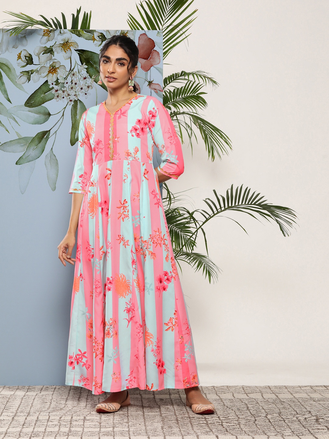 

Ahalyaa Women Floral Printed Maxi Ethnic Dress, Coral