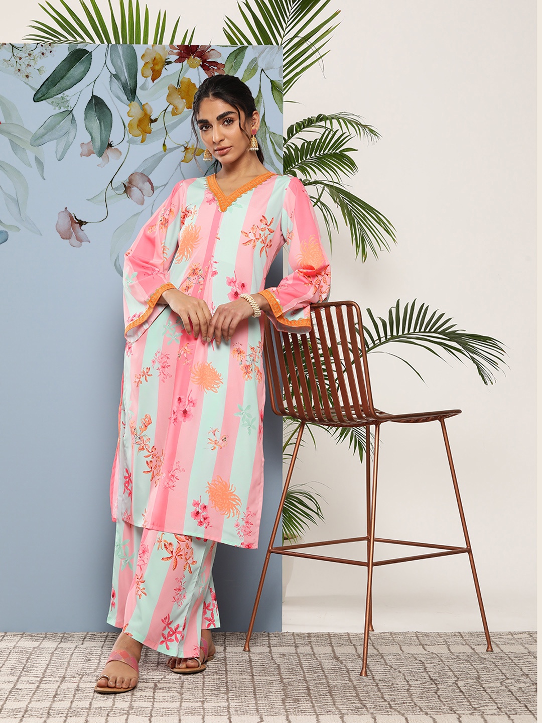 

Ahalyaa Women Pink Floral Printed Pleated Gotta Patti Kurta with Palazzos