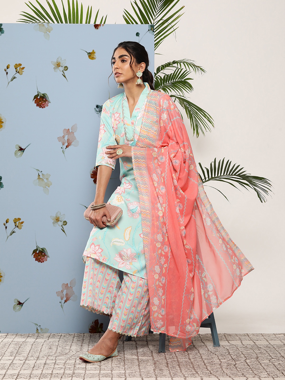 

Ahalyaa Women Blue Floral Printed Gotta Patti Kurta with Palazzos & With Dupatta
