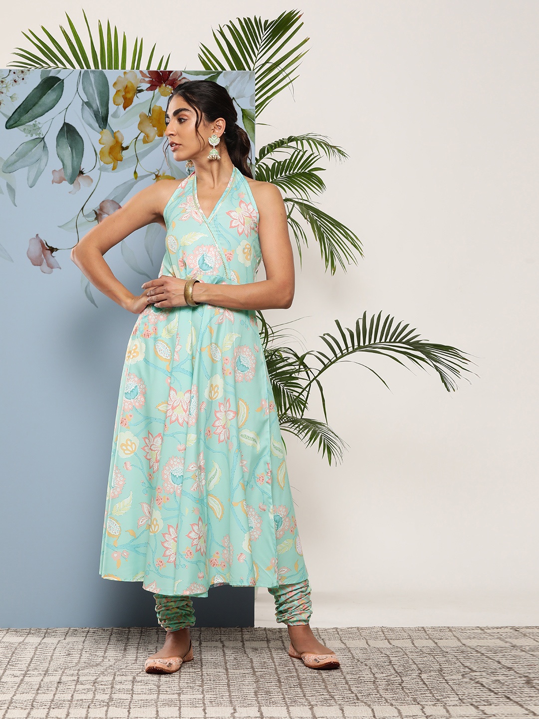 

Ahalyaa Women Blue Floral Printed Gotta Patti Kurta with Churidar