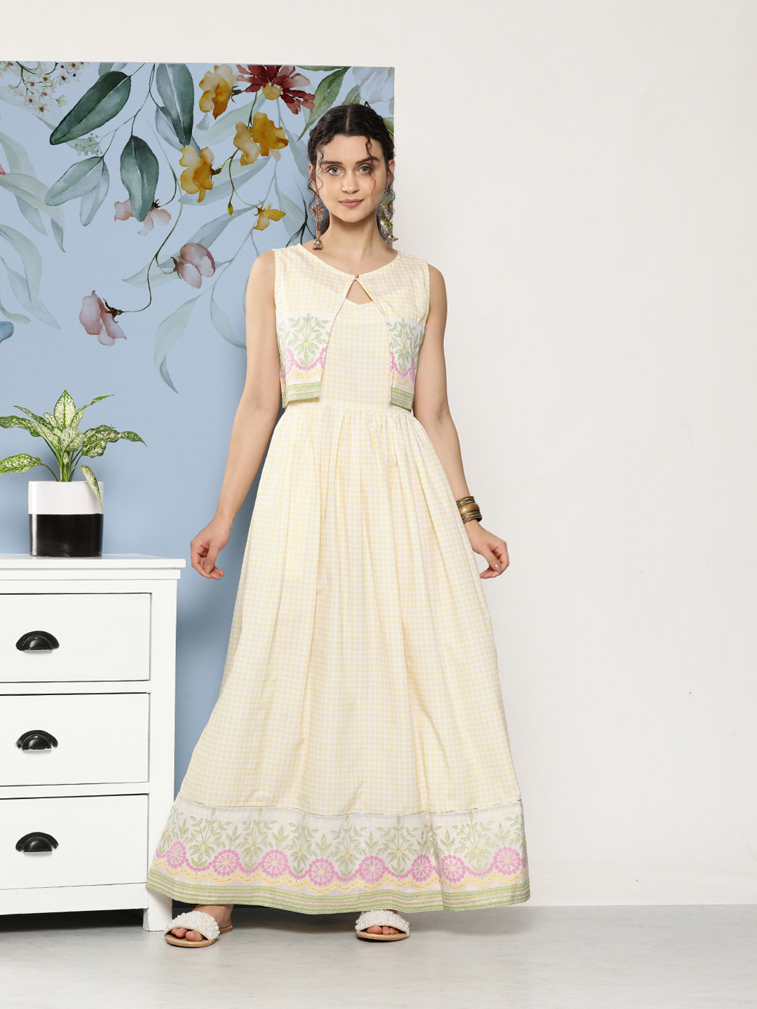 

Ahalyaa Women Checked Maxi Ethnic Dress, Yellow
