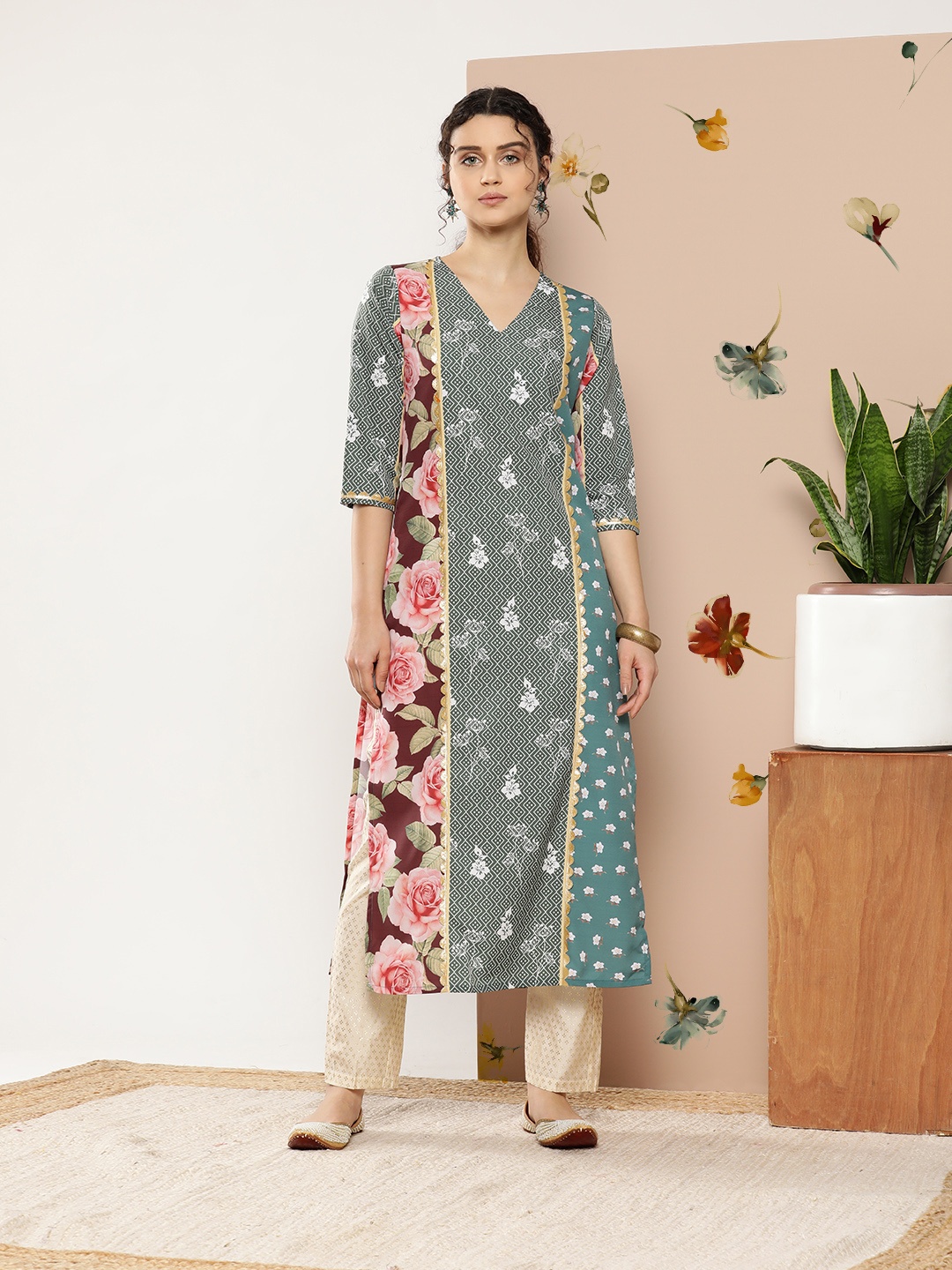 

Ahalyaa Women Green & Pink Floral Printed Gotta Patti Floral Crepe Kurta