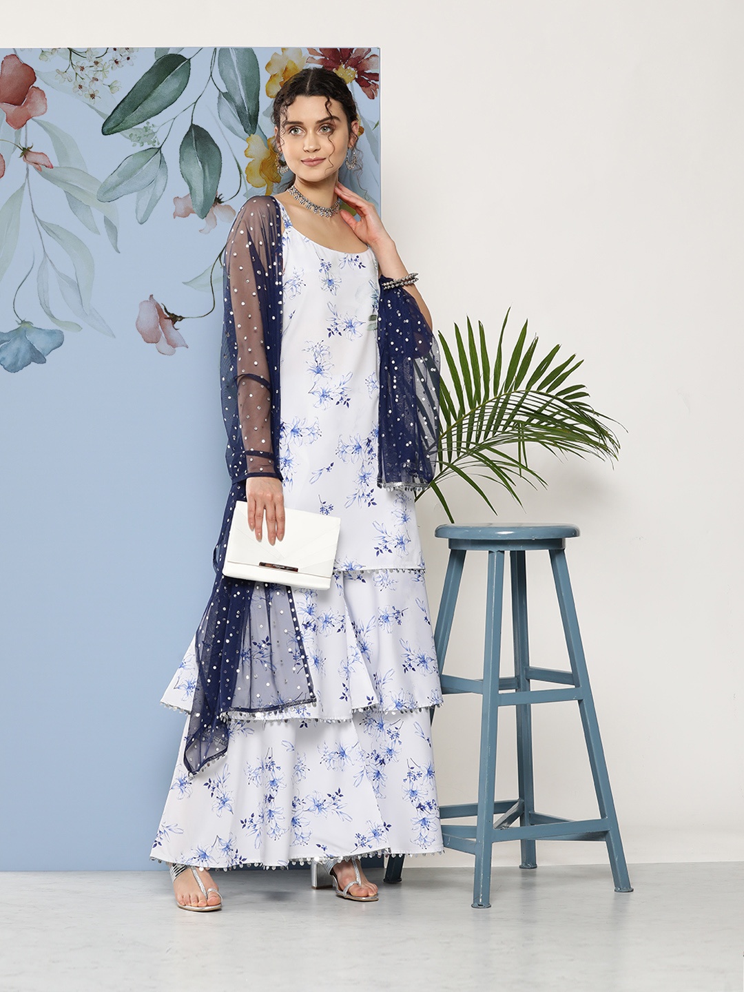 

Ahalyaa Women White Floral Printed Sequinned Kurta with Sharara & With Dupatta