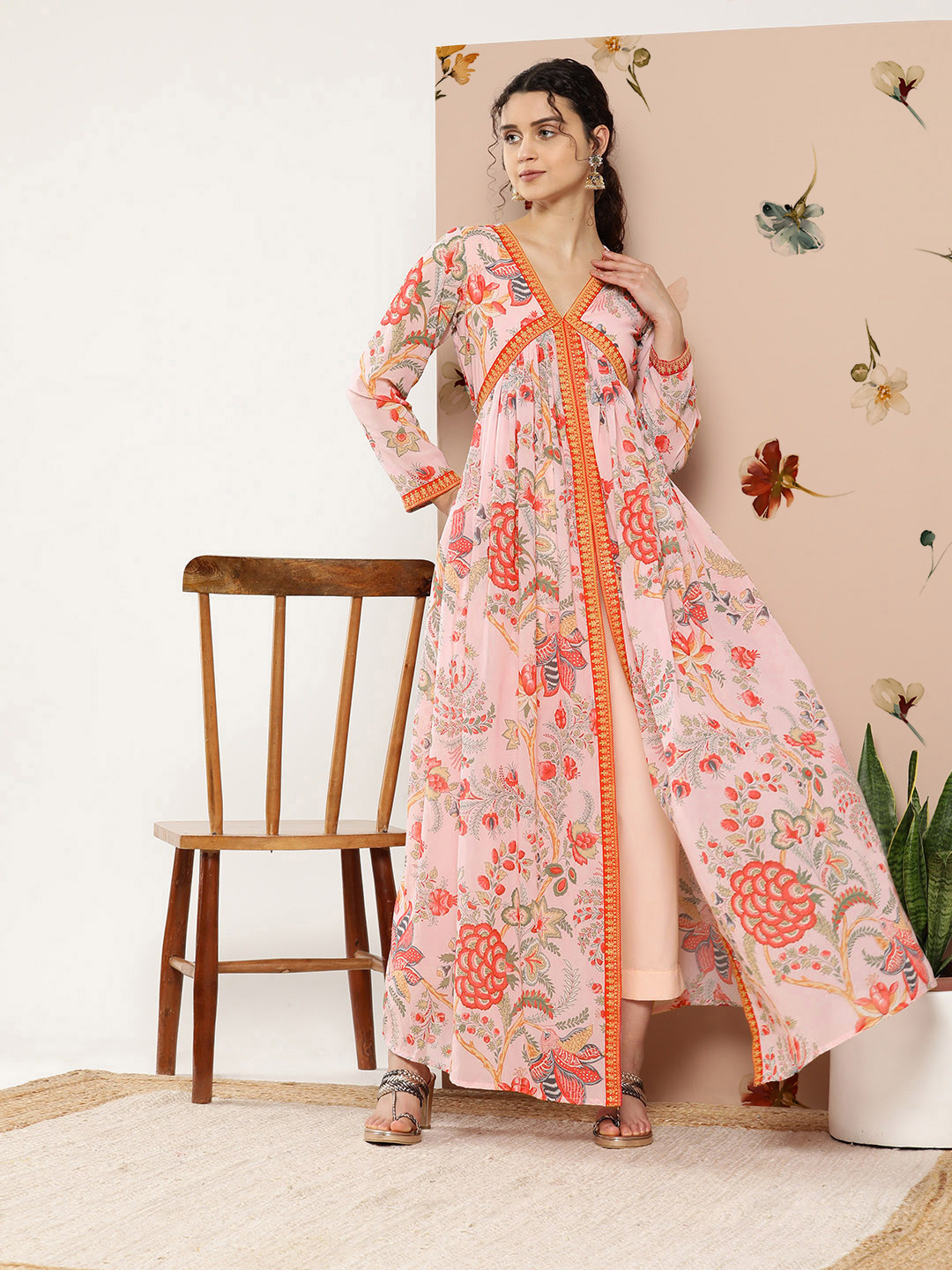 

Ahalyaa Women Pink Floral Printed High Slit Kurta with Trousers