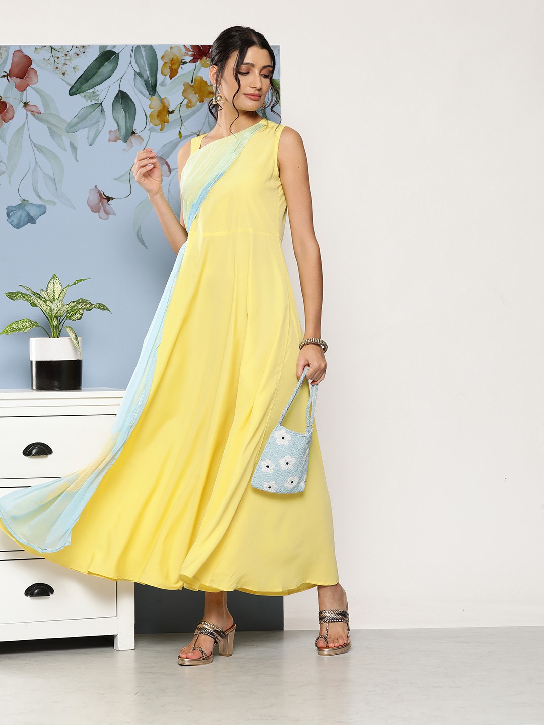 

Ahalyaa Women Colourblocked Maxi Ethnic Dress, Yellow